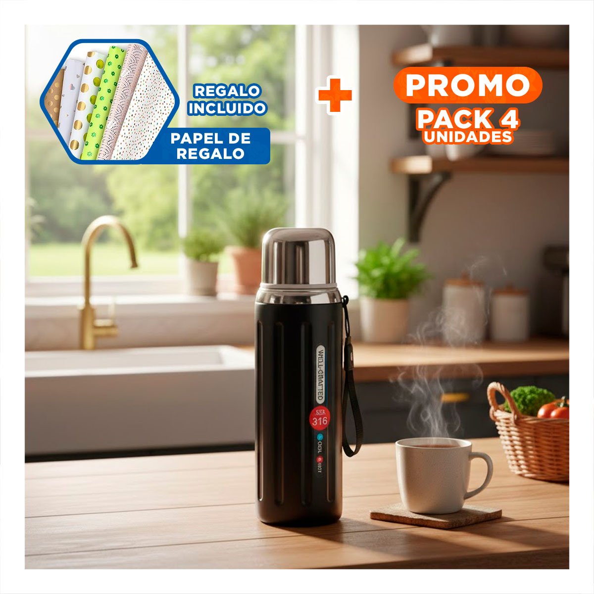 PACK4 RECIPIENTE 800ML NEGRO CON DISEÑO MODERNO Y TAPA HERMETICA PARA OFICINA Y+PAPEL REGALO - 1