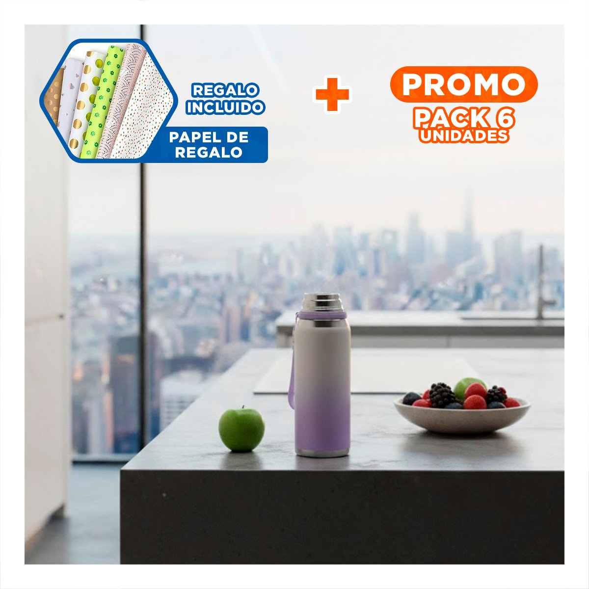 PACK6 COPA 800ML LILA DEGRADADO PARA MANTENER BEBIDAS CALIENTES Y FRIAS Y+PAPEL REGALO - 1