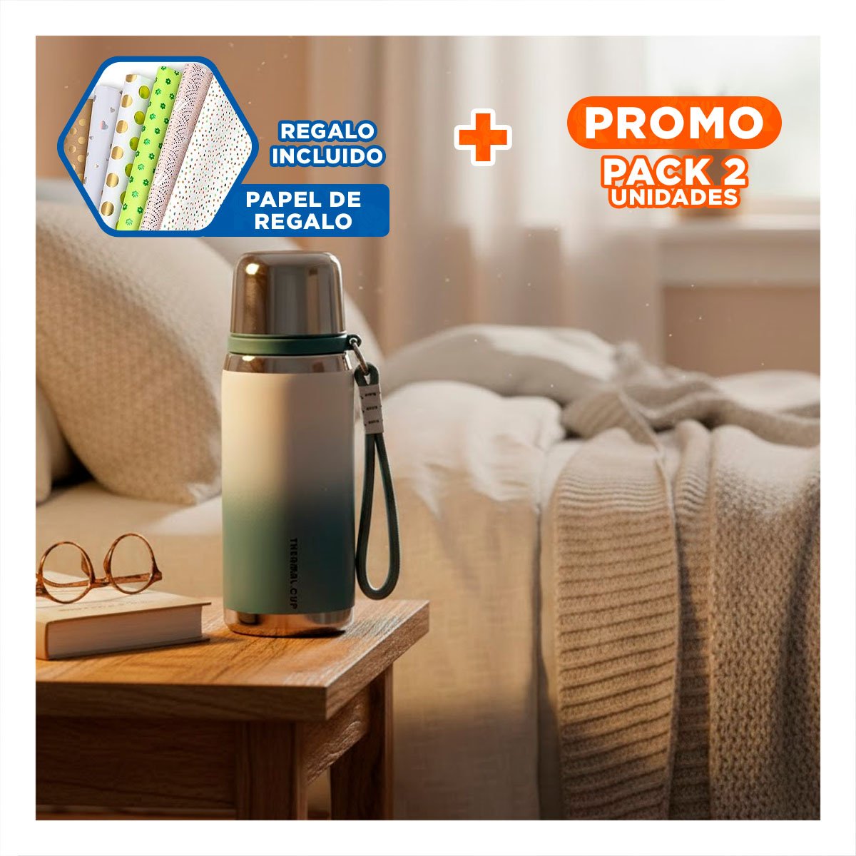 PACK2 RECIPIENTE 800ML AZUL DEGRADADO PARA MANTENER BEBIDAS CALIENTES O FRIAS Y+PAPEL REGALO - 1