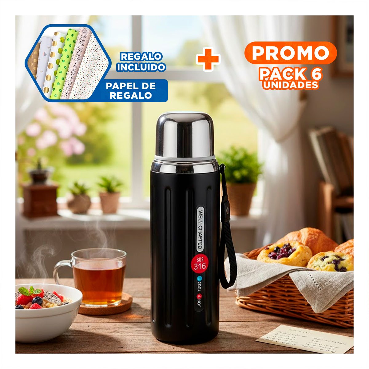 PACK6 COPA 800ML NEGRO DEGRADADO PARA MANTENER BEBIDAS CALIENTES Y FRIAS Y+PAPEL REGALO - 1
