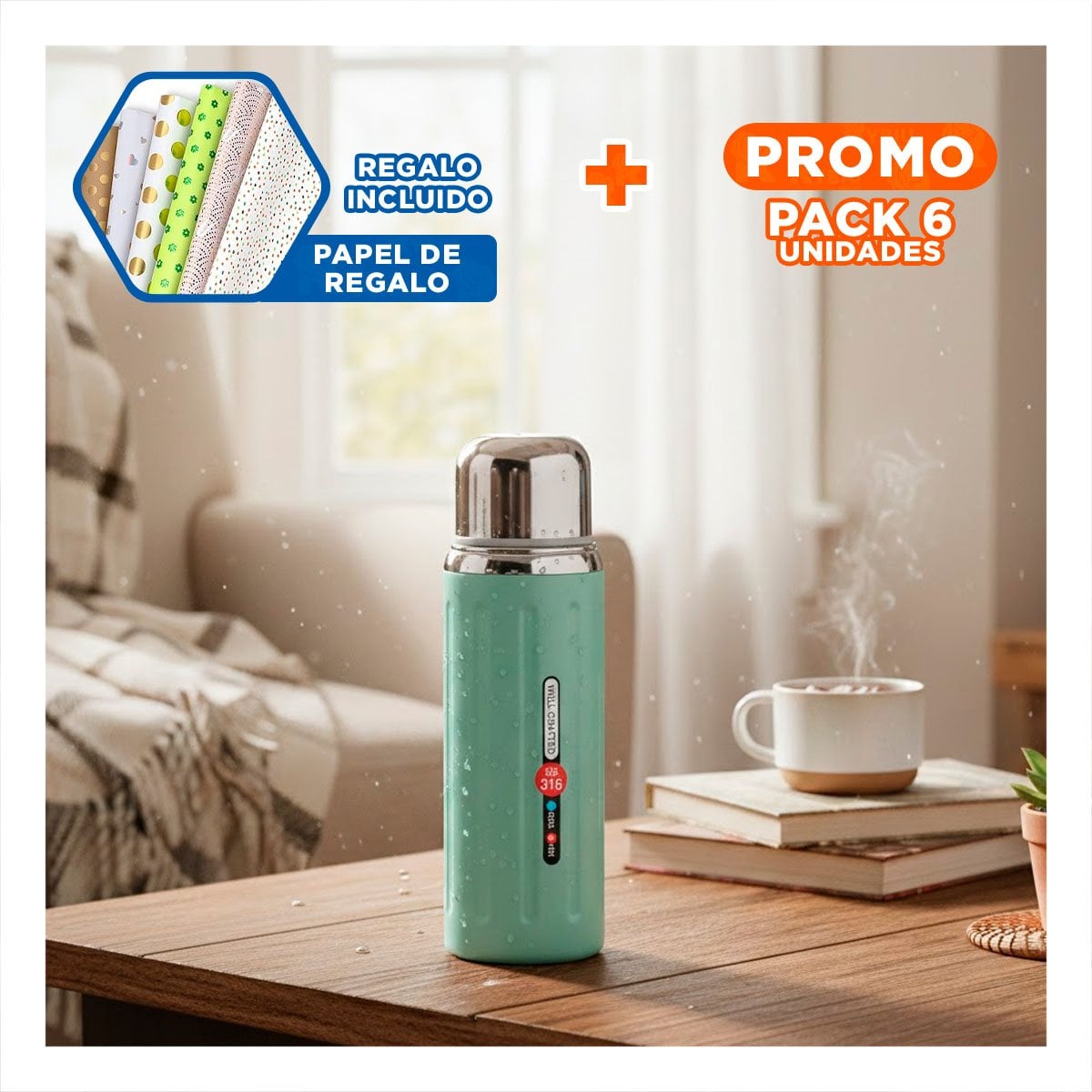 PACK6 COPA 800ML VERDE AGUA DEGRADADO PARA MANTENER BEBIDAS CALIENTES Y FRIAS Y+PAPEL REGALO - 1