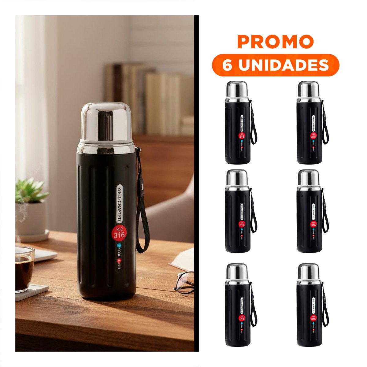 PACK6 COPA 800ML NEGRO CON TAPA HERMETICA Y DISEÑO MODERNO PARA OFICINA O CASA - 1