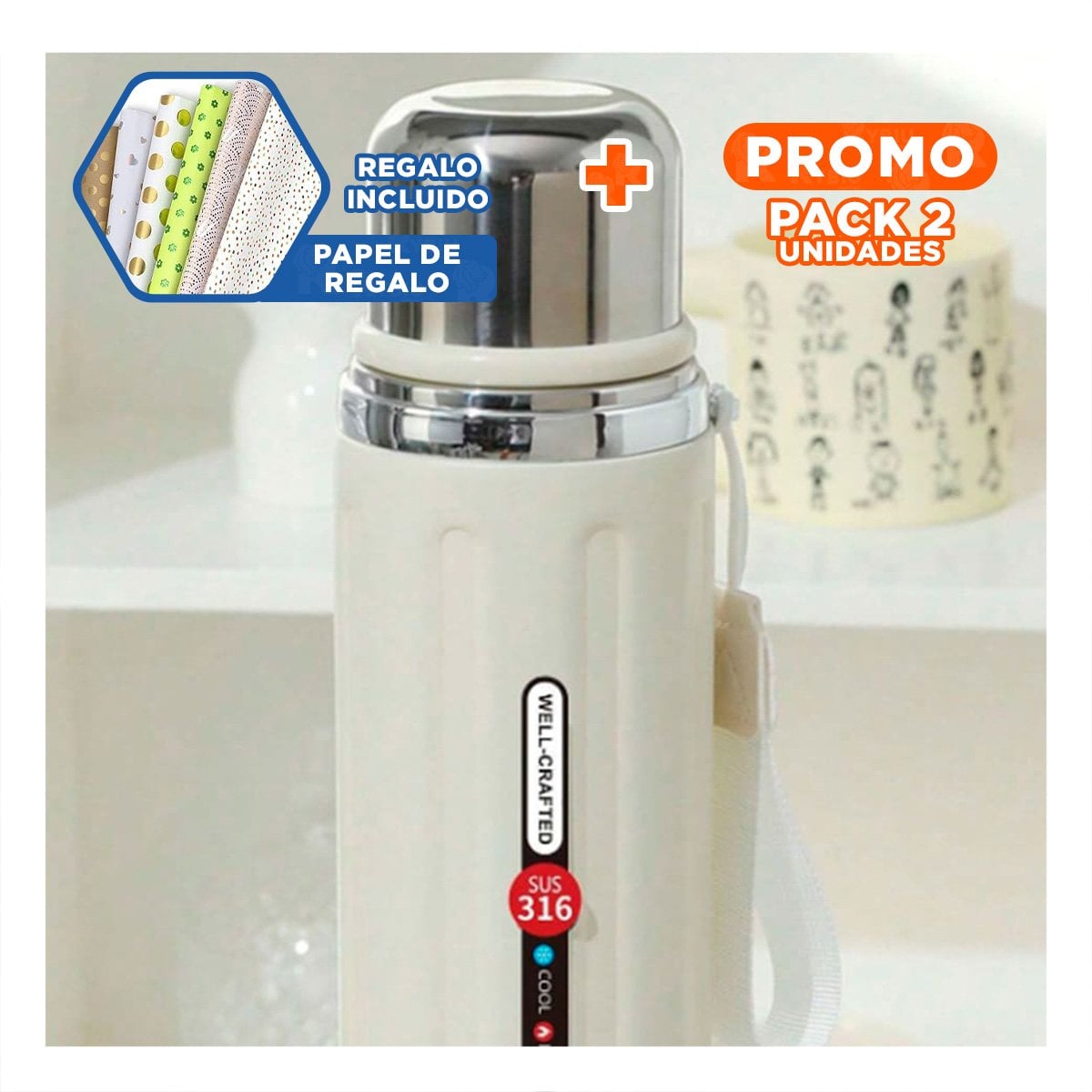 PACK2 RECIPIENTE 800ML BLANCO DEGRADADO PARA MANTENER BEBIDAS CALIENTES O FRIAS Y+PAPEL REGALO - 1