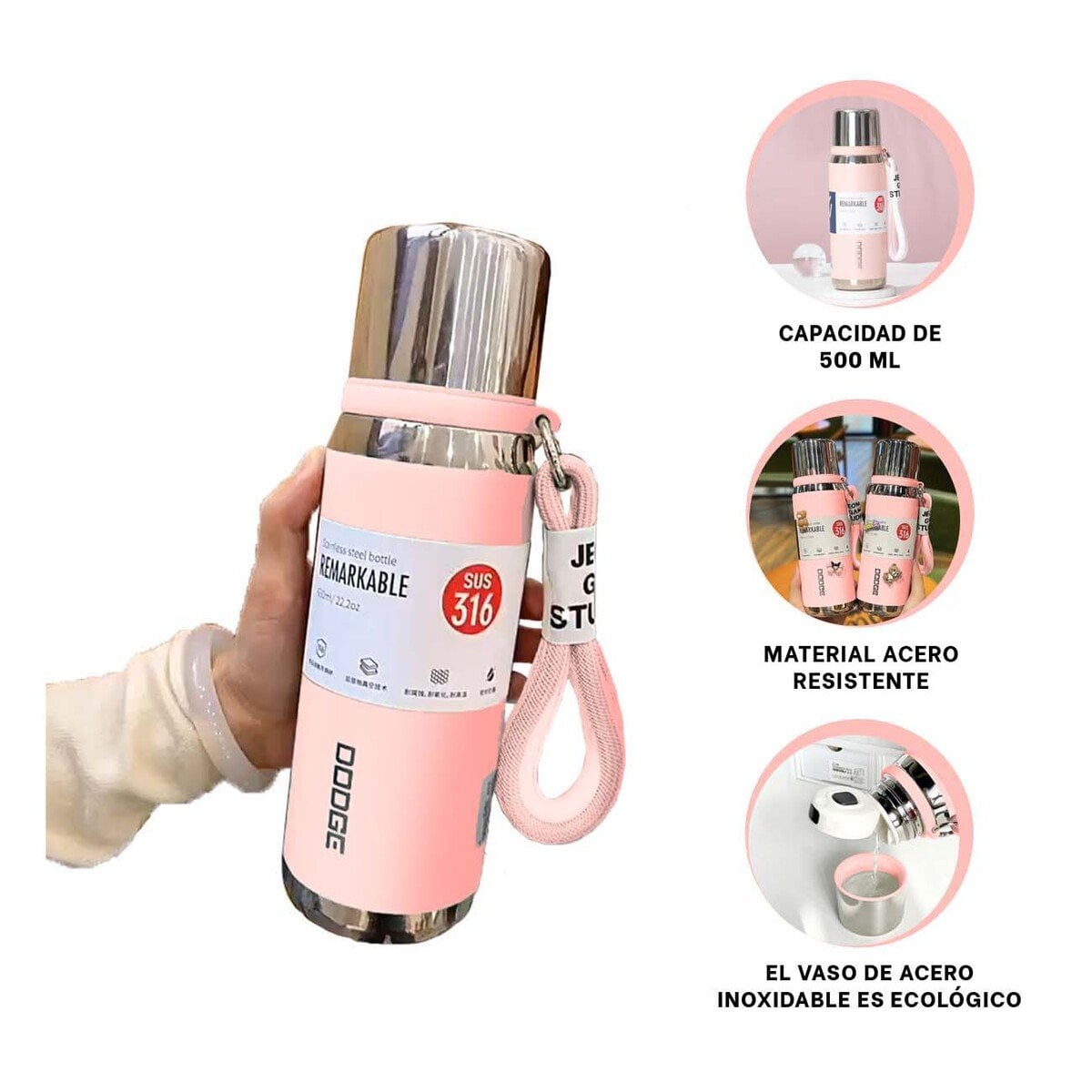 BOTELLA TÉRMICA COLOR ROSADO 500ML PARA CAFÉ TÉ Y USO DIARIO EN OFICINA - 3