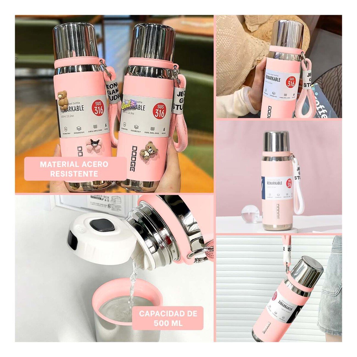 BOTELLA TÉRMICA COLOR ROSADO 500ML PARA CAFÉ TÉ Y USO DIARIO EN OFICINA - 5