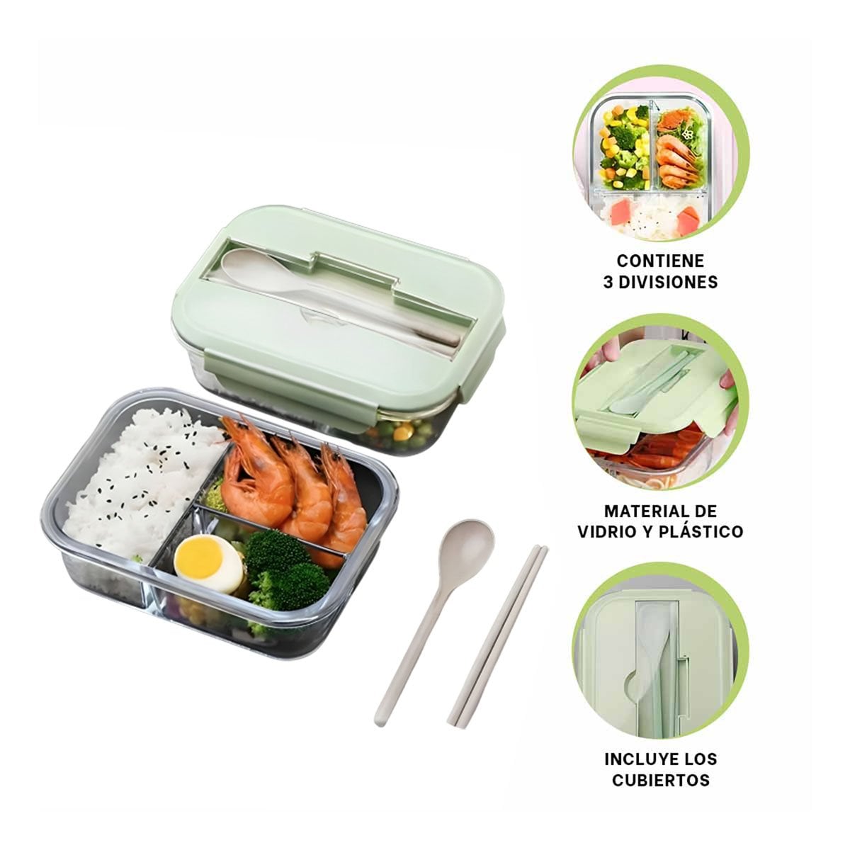 RECIPIENTE DE VIDRIO CON 3 DIVISIONES PARA ALMUERZO Y SNACK TAPA VERDE - 3