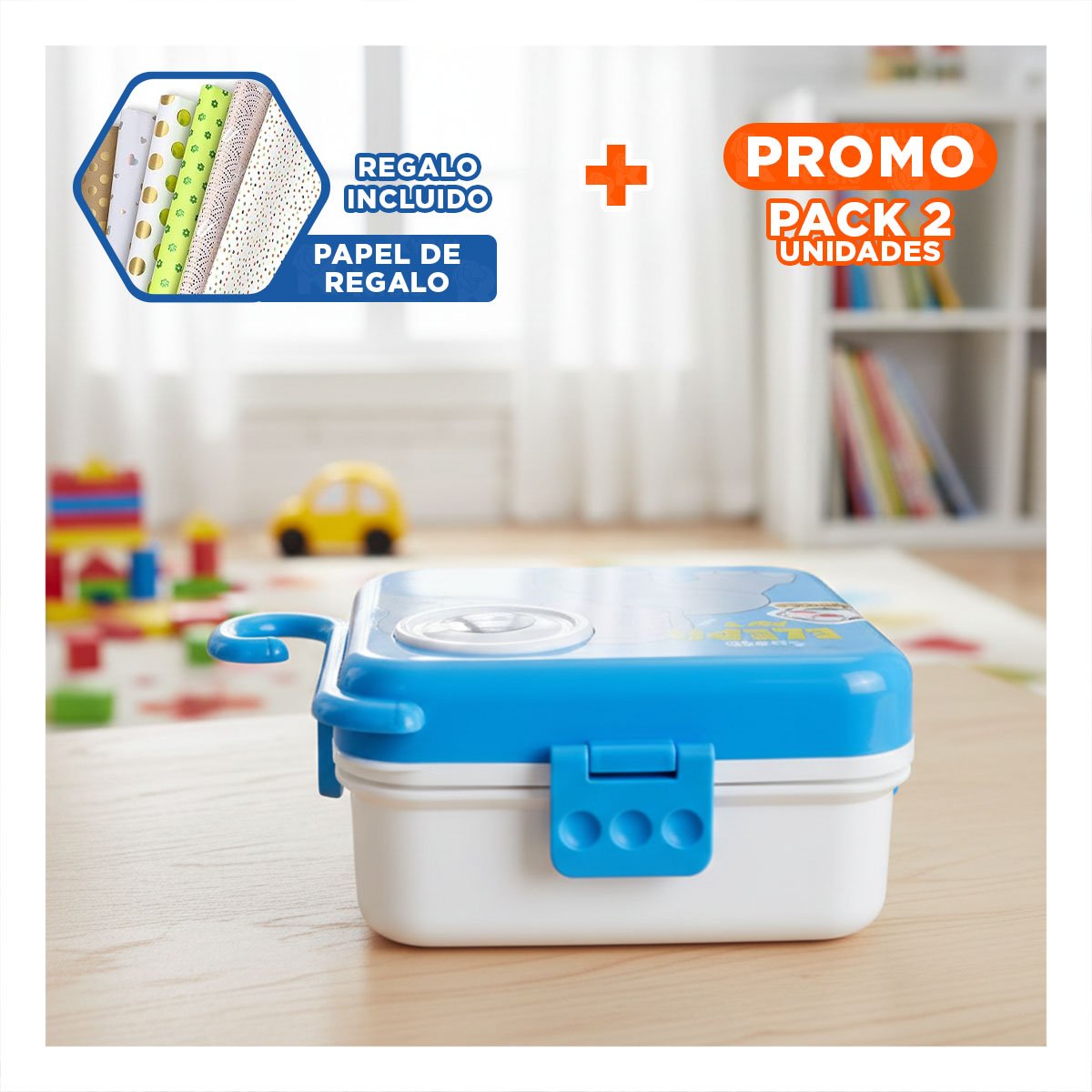 PACK2 ENVASE ESTILO ELEFANTE CON CUBIERTOS PARA FRUTAS Y MERIENDAS AZUL Y+PAPEL REGALO - 1