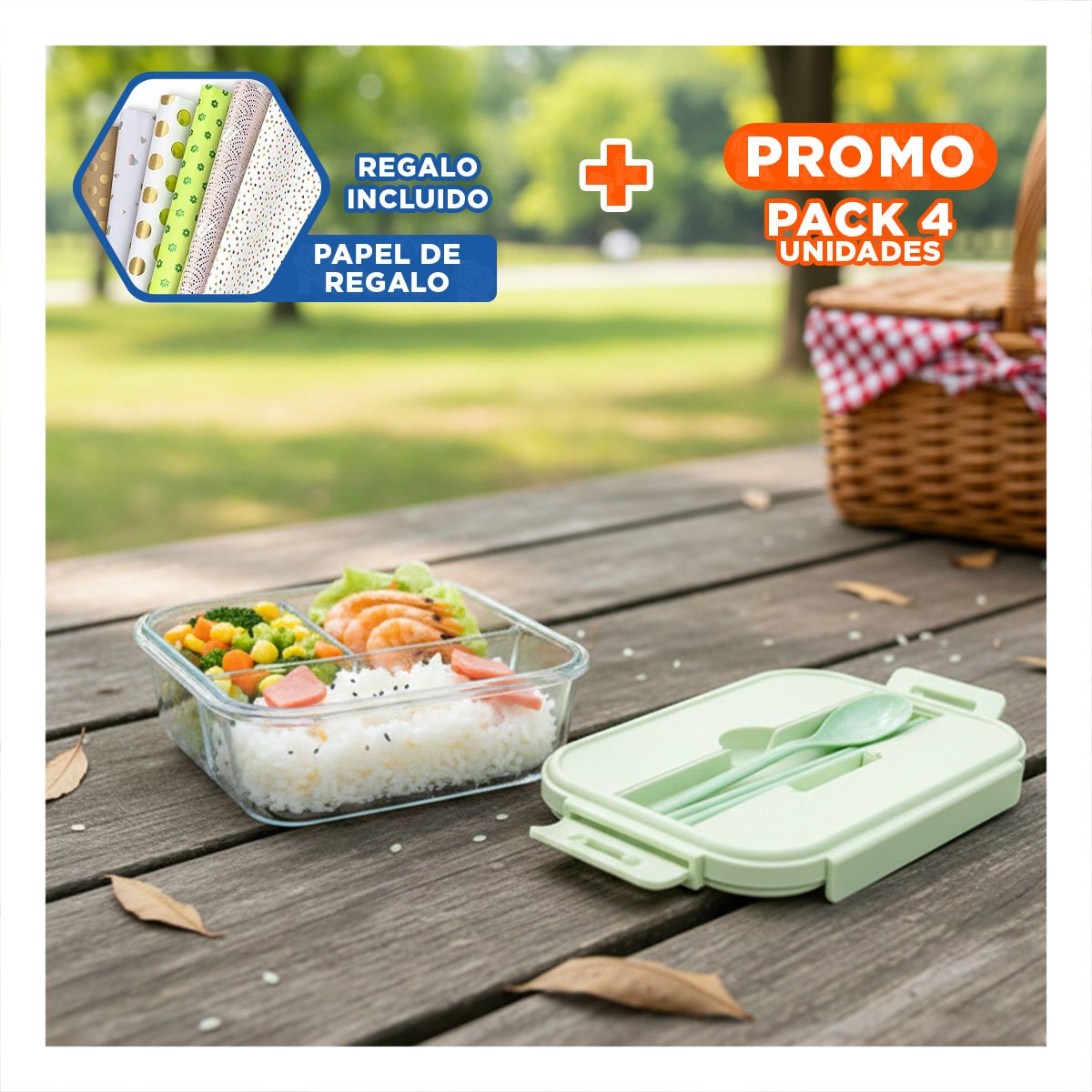 PACK4 ENVASE DE VIDRIO CON CUBIERTOS PARA ALMUERZO Y BOCADILLOS TAPA VERDE Y+PAPEL REGALO - 1