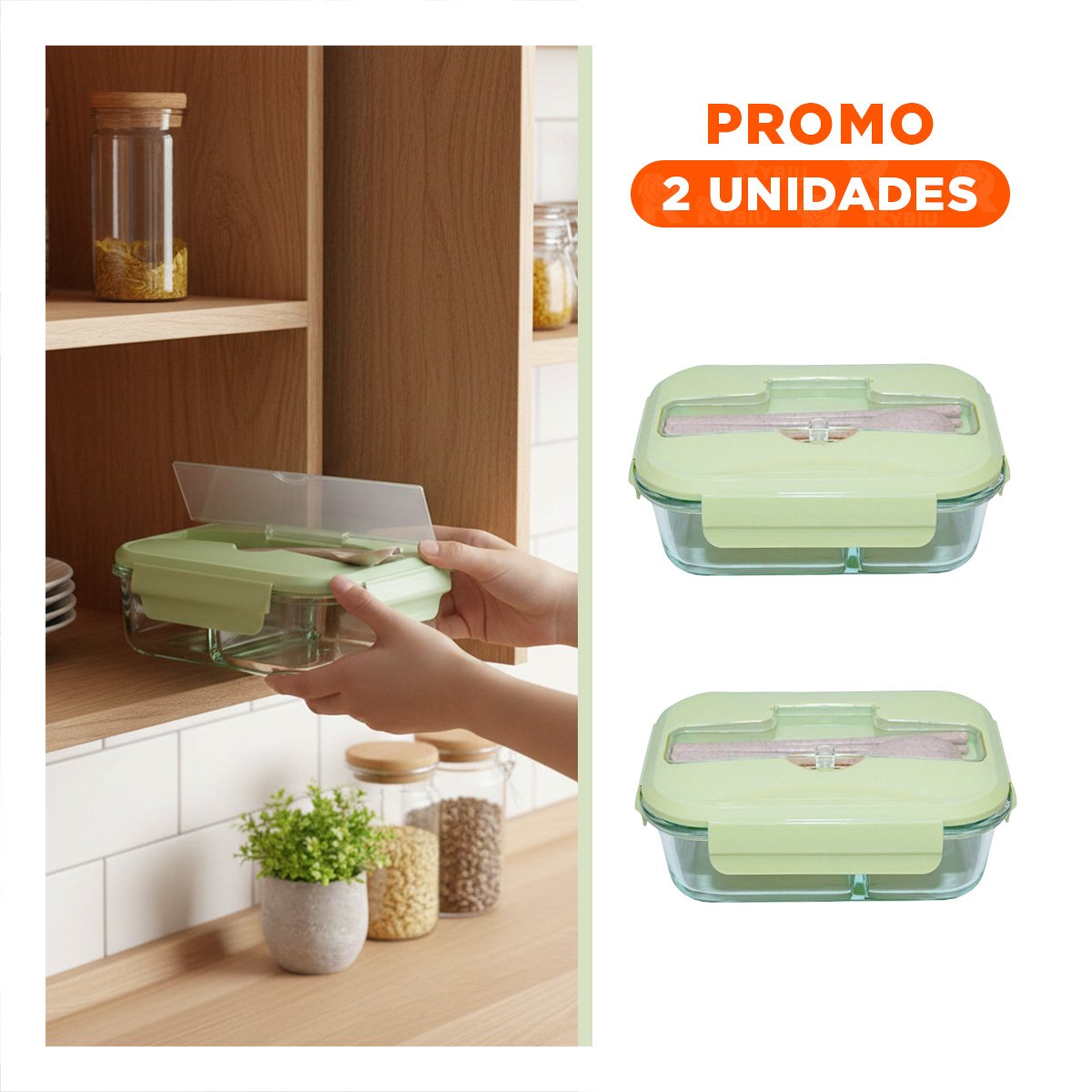 PACK2 ENVASE DE VIDRIO CON 3 DIVISIONES PARA FRUTAS Y ENSALADAS TAPA VERDE - 1