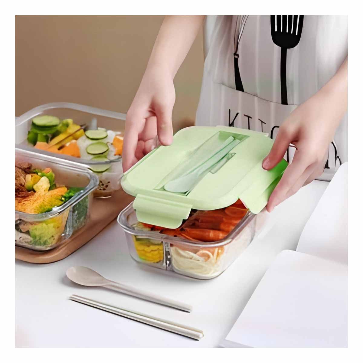 PACK2 ENVASE DE VIDRIO CON 3 DIVISIONES PARA FRUTAS Y ENSALADAS TAPA VERDE - 2