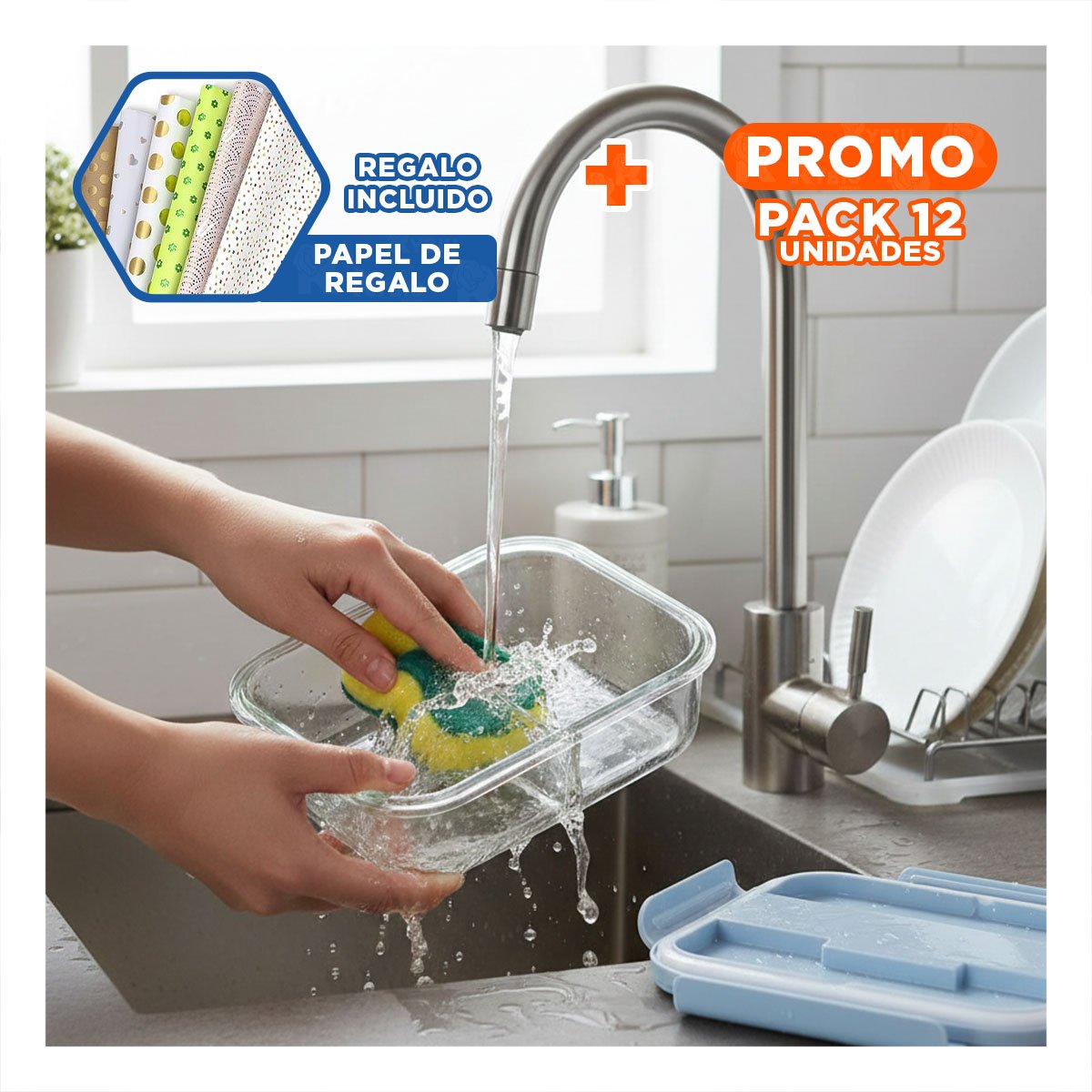 PACK12 CUBETA DE VIDRIO CON DIVISIONES PARA COMIDAS CASERAS TAPA CELESTE Y+PAPEL REGALO - 1