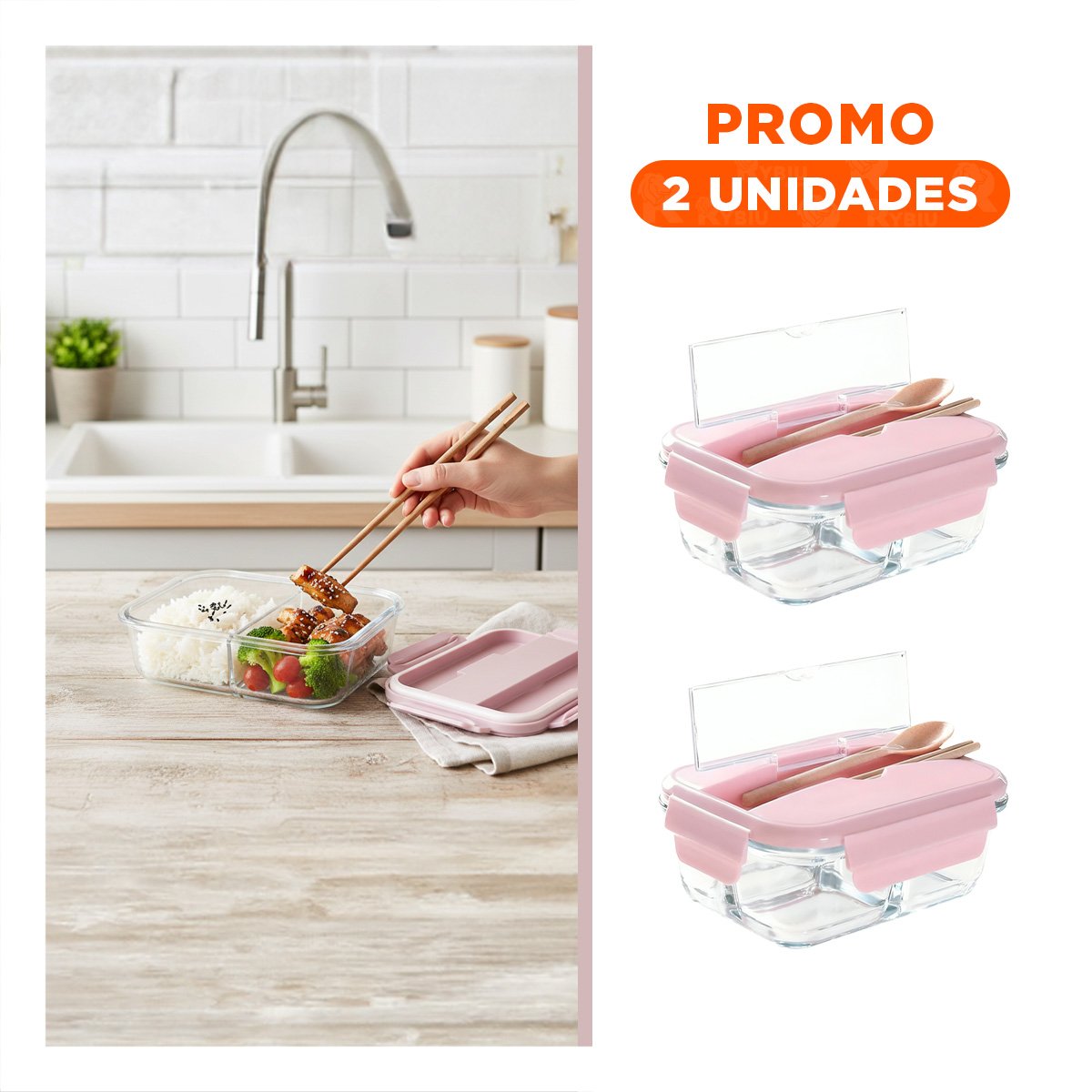 PACK2 ENVASE CON CUBIERTOS 3 DIVISIONES PARA LLEVAR COMIDA TAPA ROSADO - 1
