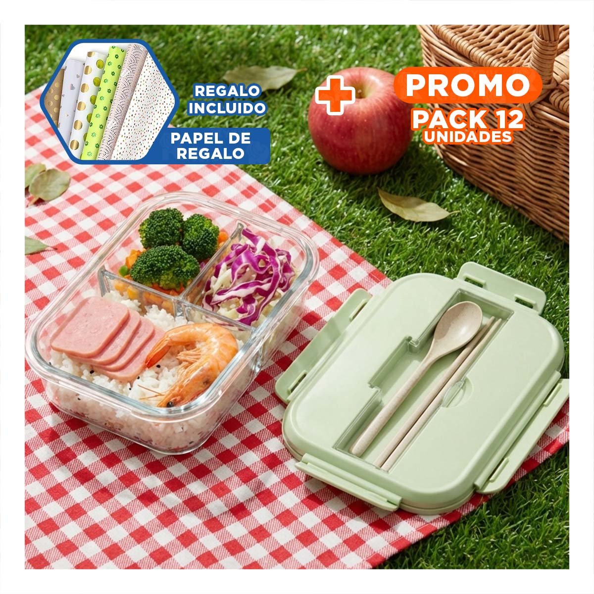 PACK12 UNIDAD DE VIDRIO CON 3 COMPARTIMENTOS PARA FRUTAS Y SNACKS TAPA VERDE Y+PAPEL REGALO - 1