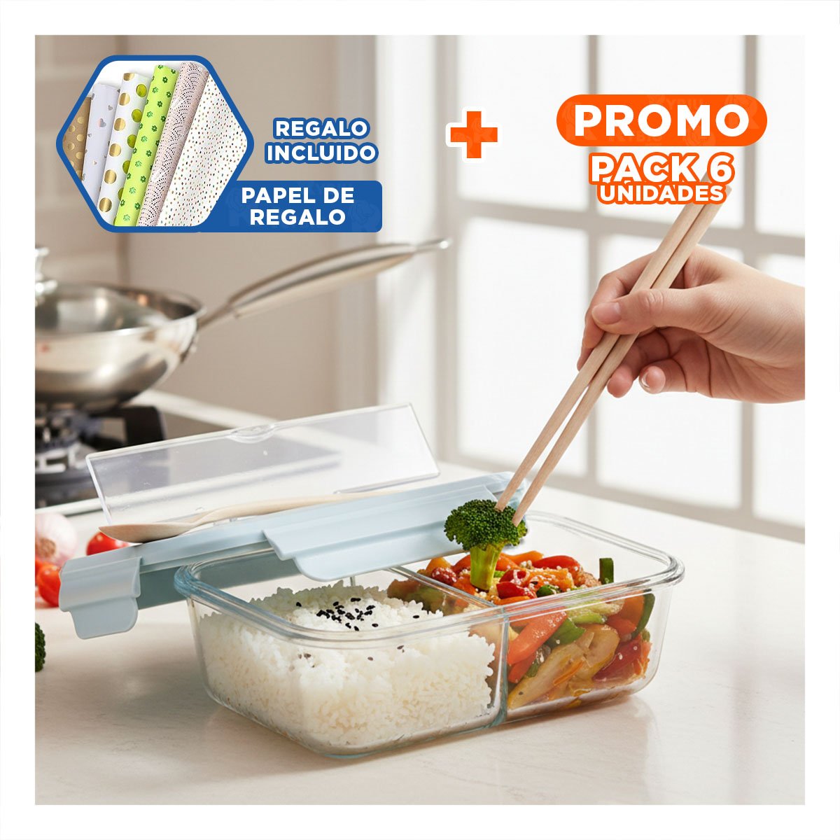PACK6 CONSERVADOR DE COMIDAS CASERAS CON COMPARTIMENTOS CELESTE Y+PAPEL REGALO - 1
