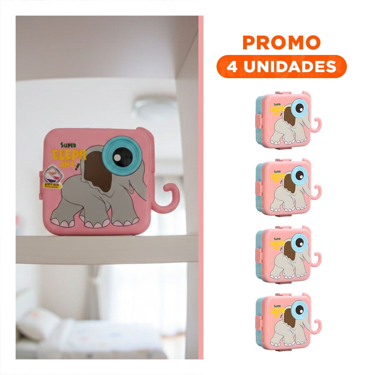 PACK4 ALMACENADOR ELEFANTE CON OJO MINI TAPER PARA LONCHERA ROSADO 1600ML Y+REGALO STICKER - 1