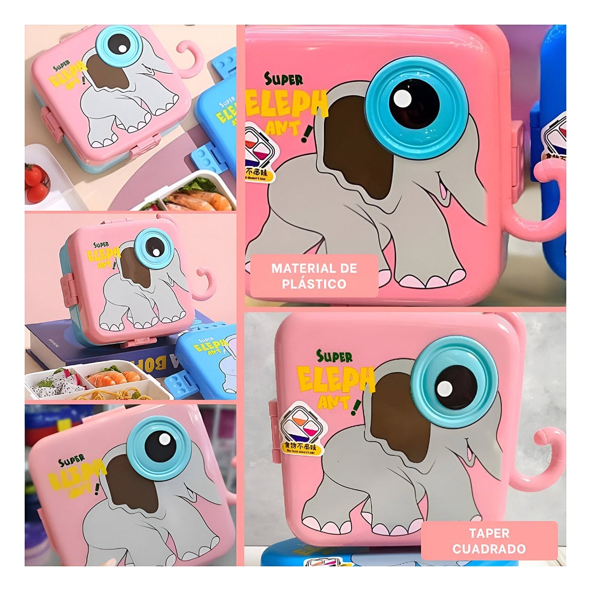 PACK4 ALMACENADOR ELEFANTE CON OJO MINI TAPER PARA LONCHERA ROSADO 1600ML Y+REGALO STICKER - 2