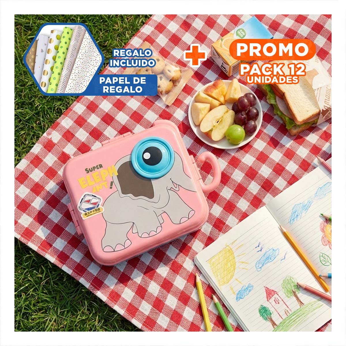 PACK12 CUBETA CUADRADO ELEFANTE PARA ALMUERZO DIARIO Y SNACKS ROSADO 1600ML Y+PAPEL REGALO - 1