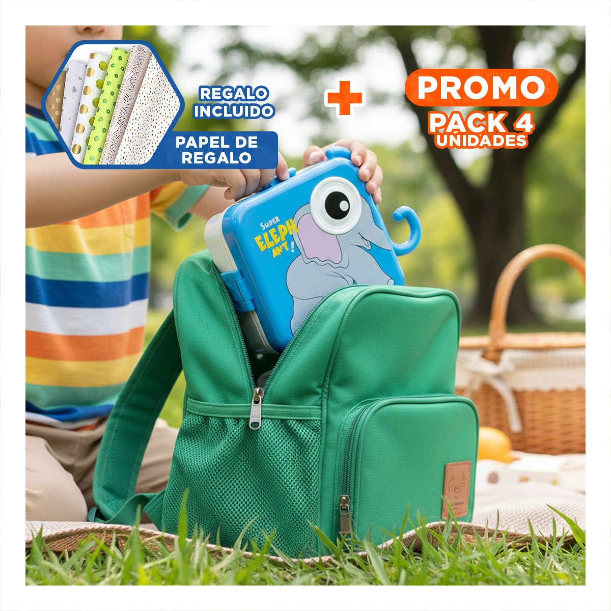 PACK4 ENVASE ESTILO ELEFANTE CON CUBIERTOS PARA DESAYUNO Y POSTRES AZUL Y+PAPEL REGALO - 1