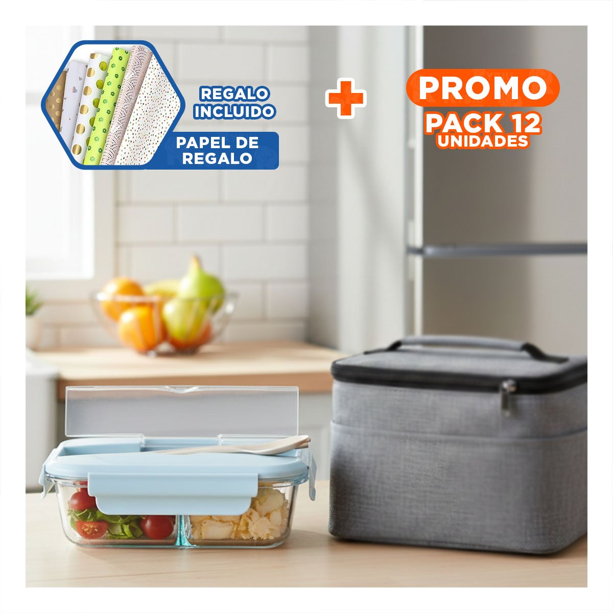 PACK12 ALMACENADOR DE VIDRIO PARA TRANSPORTE DE COMIDAS CASERAS CELESTE Y+PAPEL REGALO - 1