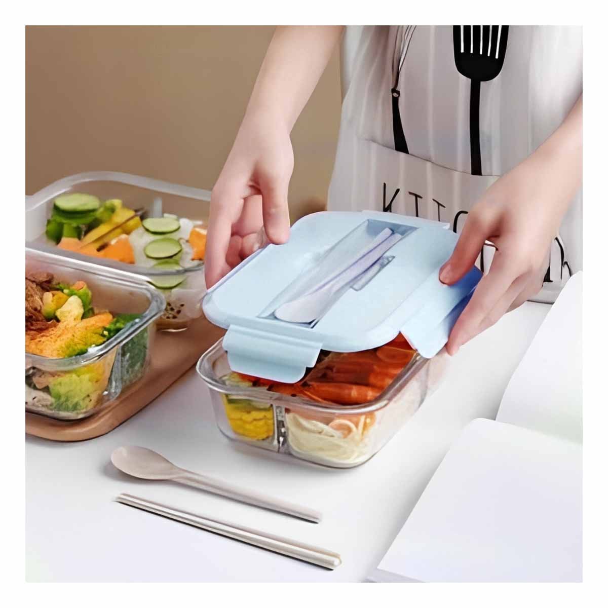ENVASE DE VIDRIO CON CUBIERTOS PARA ALMUERZO Y BOCADILLOS TAPA CELESTE Y+POST IT - 3