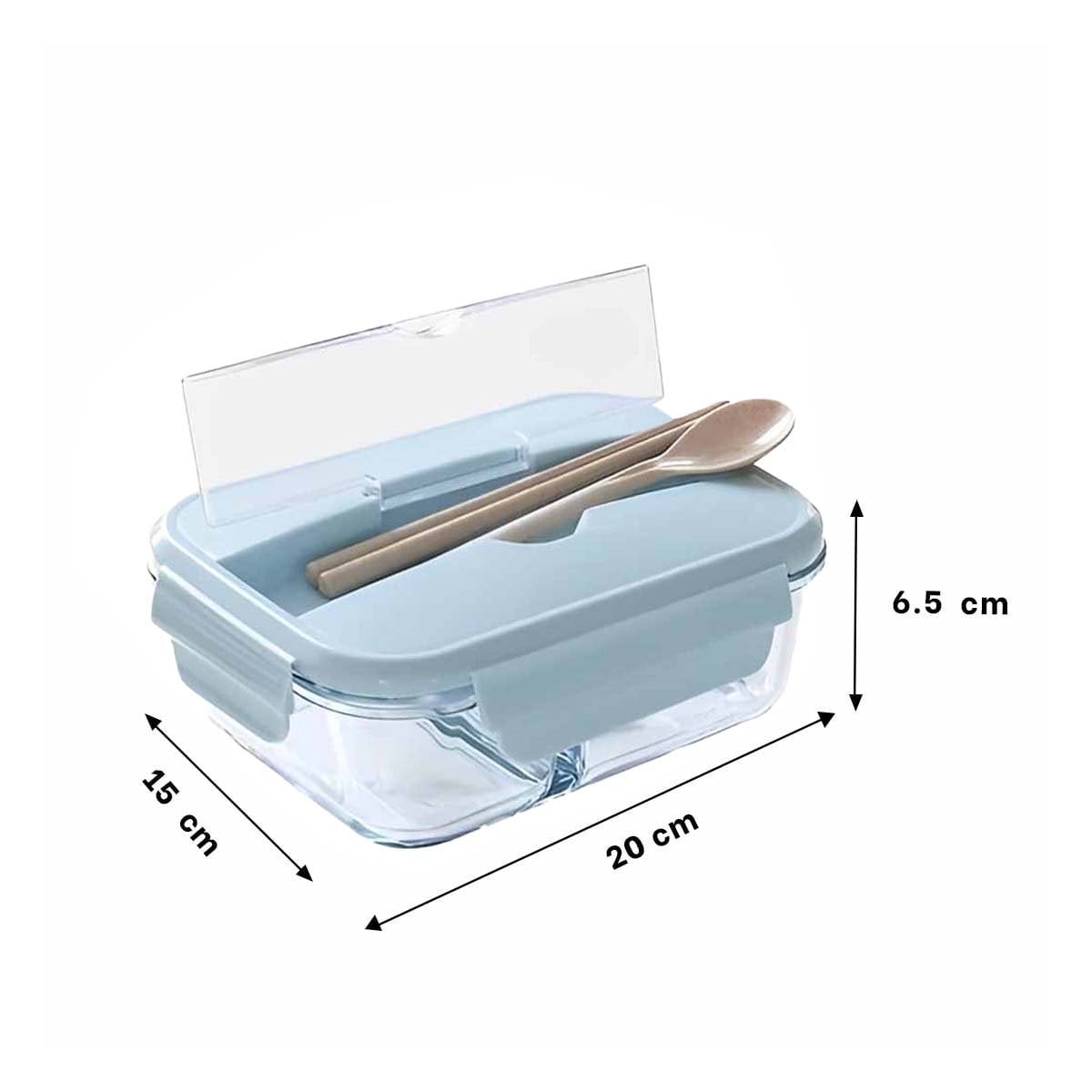 ENVASE DE VIDRIO CON CUBIERTOS PARA ALMUERZO Y BOCADILLOS TAPA CELESTE Y+POST IT - 4