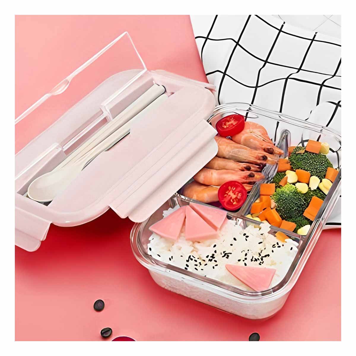 RECIPIENTE CON CUBIERTOS 3 DIVISIONES PARA COMIDAS SALUDABLES TAPA ROSADO Y+LIGAS REGALO - 2