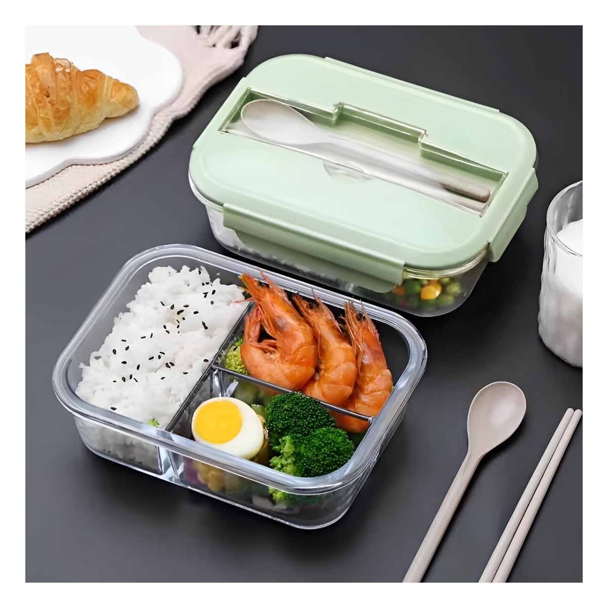 RECIPIENTE DE VIDRIO CON CUBIERTOS PARA BOCADILLOS Y YOGURT TAPA VERDE Y+POST IT - 2