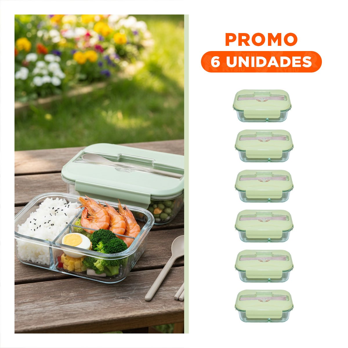 PACK6 ALMACENADOR DE VIDRIO CON 3 COMPARTIMENTOS PARA ALMUERZO Y BOCADILLOS TAPA VERDE - 1