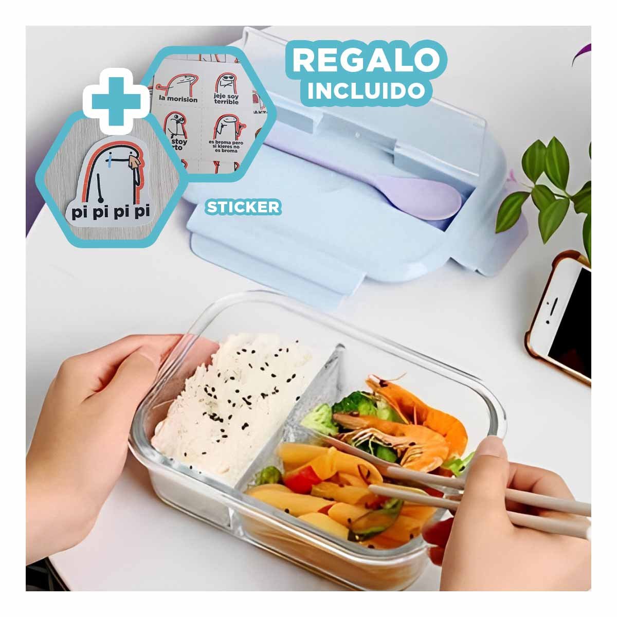 ENVASE DE VIDRIO CON DIVISIONES PARA SNACKS Y POSTRES TAPA CELESTE Y+REGALO STICKER - 1