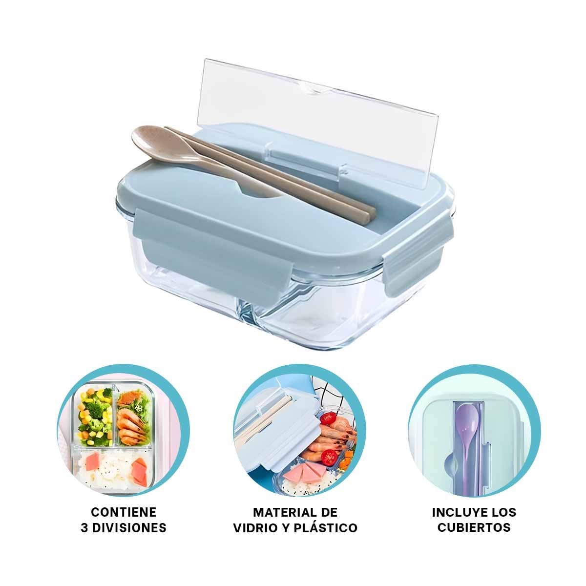 ENVASE DE VIDRIO CON 3 DIVISIONES PARA FRUTAS Y ENSALADAS TAPA CELESTE - 3