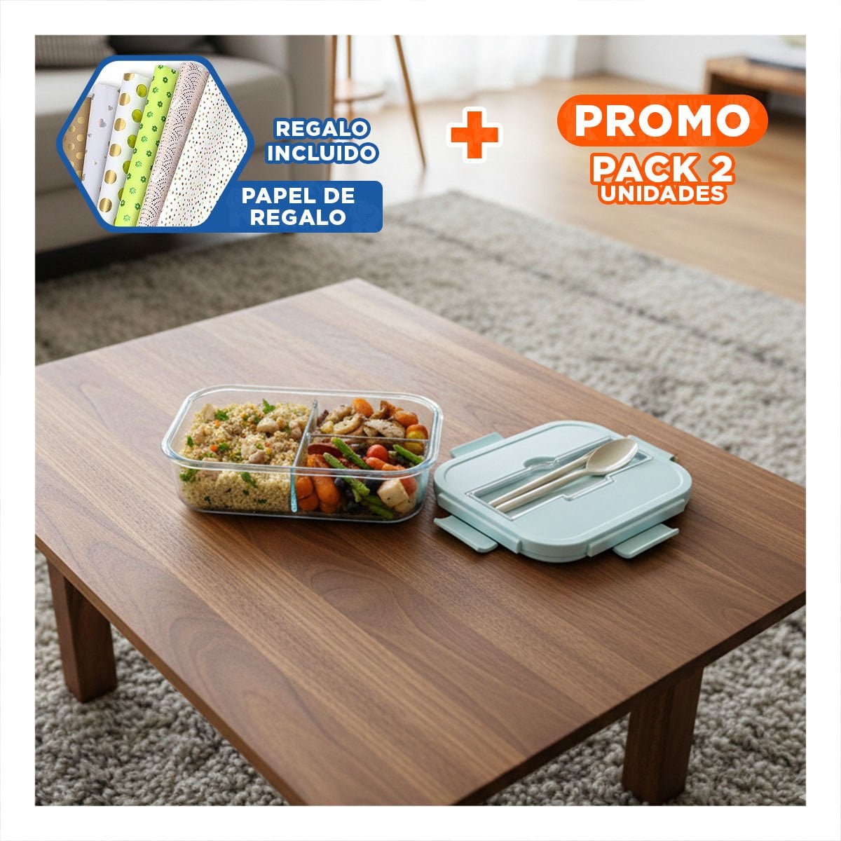 PACK2 RECIPIENTE DE VIDRIO CON CUBIERTOS PARA VERDURAS Y FRUTAS TAPA CELESTE Y+PAPEL REGALO - 1