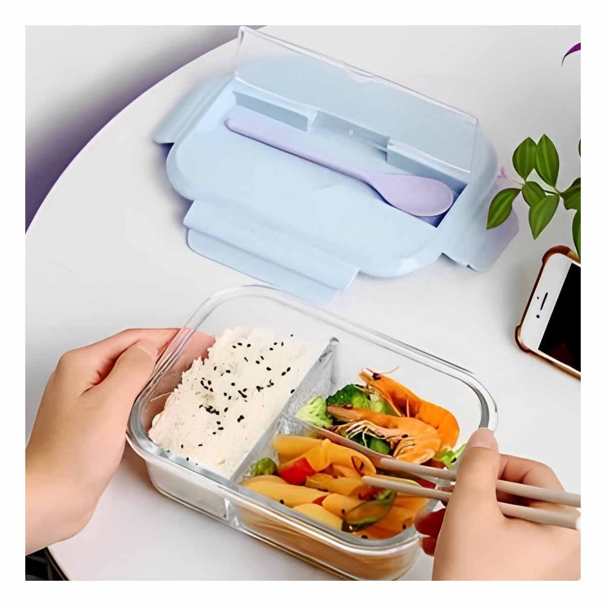 PACK2 RECIPIENTE DE VIDRIO CON CUBIERTOS PARA VERDURAS Y FRUTAS TAPA CELESTE Y+PAPEL REGALO - 2