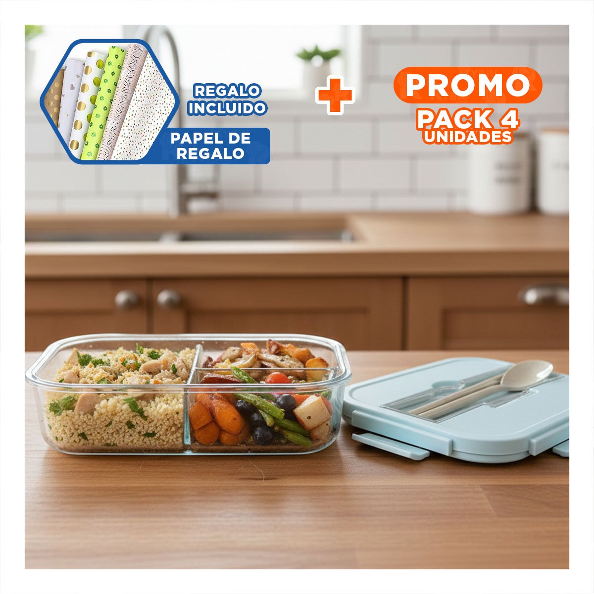 PACK4 RECIPIENTE DE VIDRIO CON CUBIERTOS PARA BOCADILLOS Y YOGURT TAPA CELESTE Y+PAPEL REGALO - 1