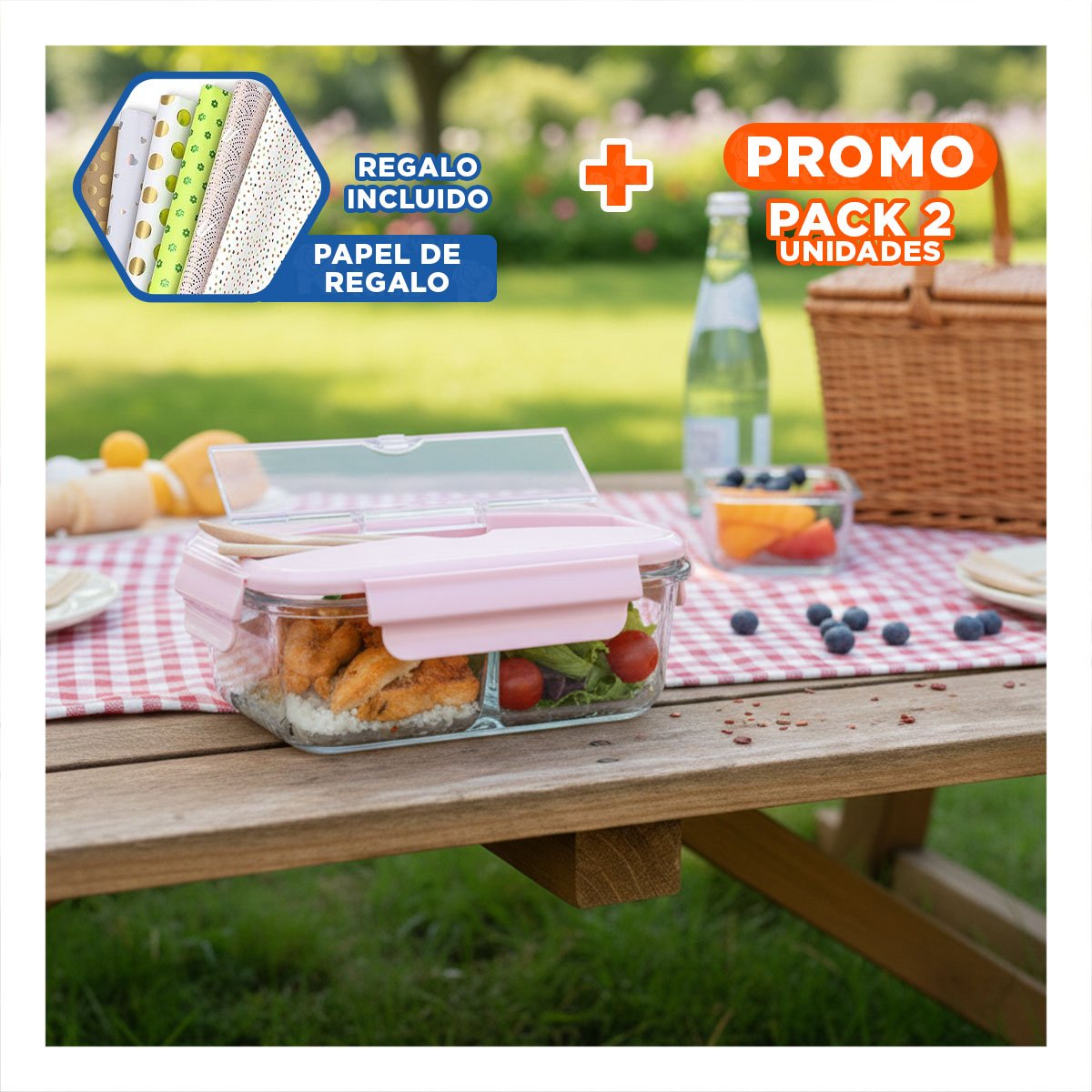 PACK2 ENVASE CON CUBIERTOS 3 DIVISIONES PARA LONCHERA ESCOLAR TAPA ROSADO Y+PAPEL REGALO - 1