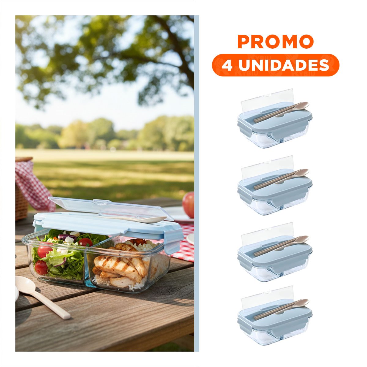 PACK4 CONSERVADOR DE VIDRIO CON CUBIERTOS Y DIVISIONES PARA TRANSPORTE CELESTE Y+REGALO STICKER - 1