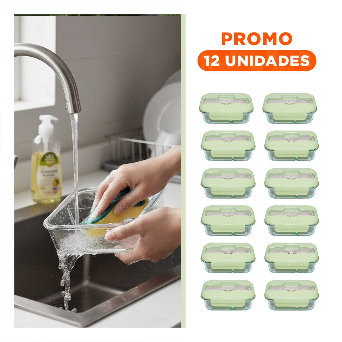 PACK12 UNIDAD DE VIDRIO CON CUBIERTOS PARA COMIDAS CASERAS TAPA VERDE Y+REGALO STICKER - 1