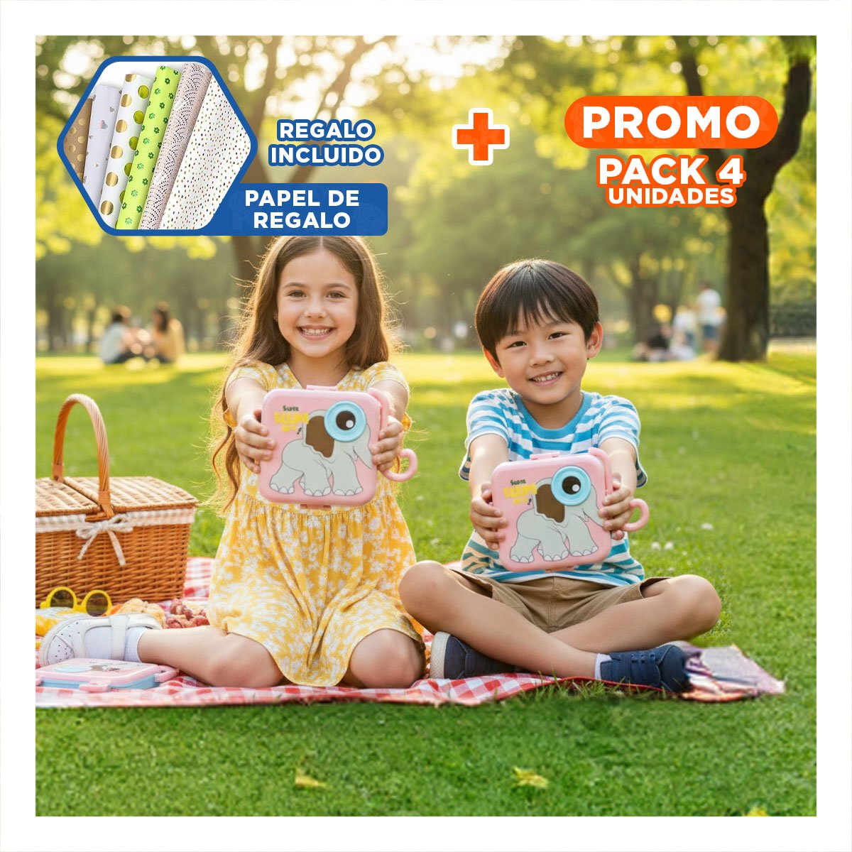 PACK4 UNIDAD CUADRADA ELEFANTE CON DIVISIONES PARA PICNIC ROSADO 1600ML Y+PAPEL REGALO - 1