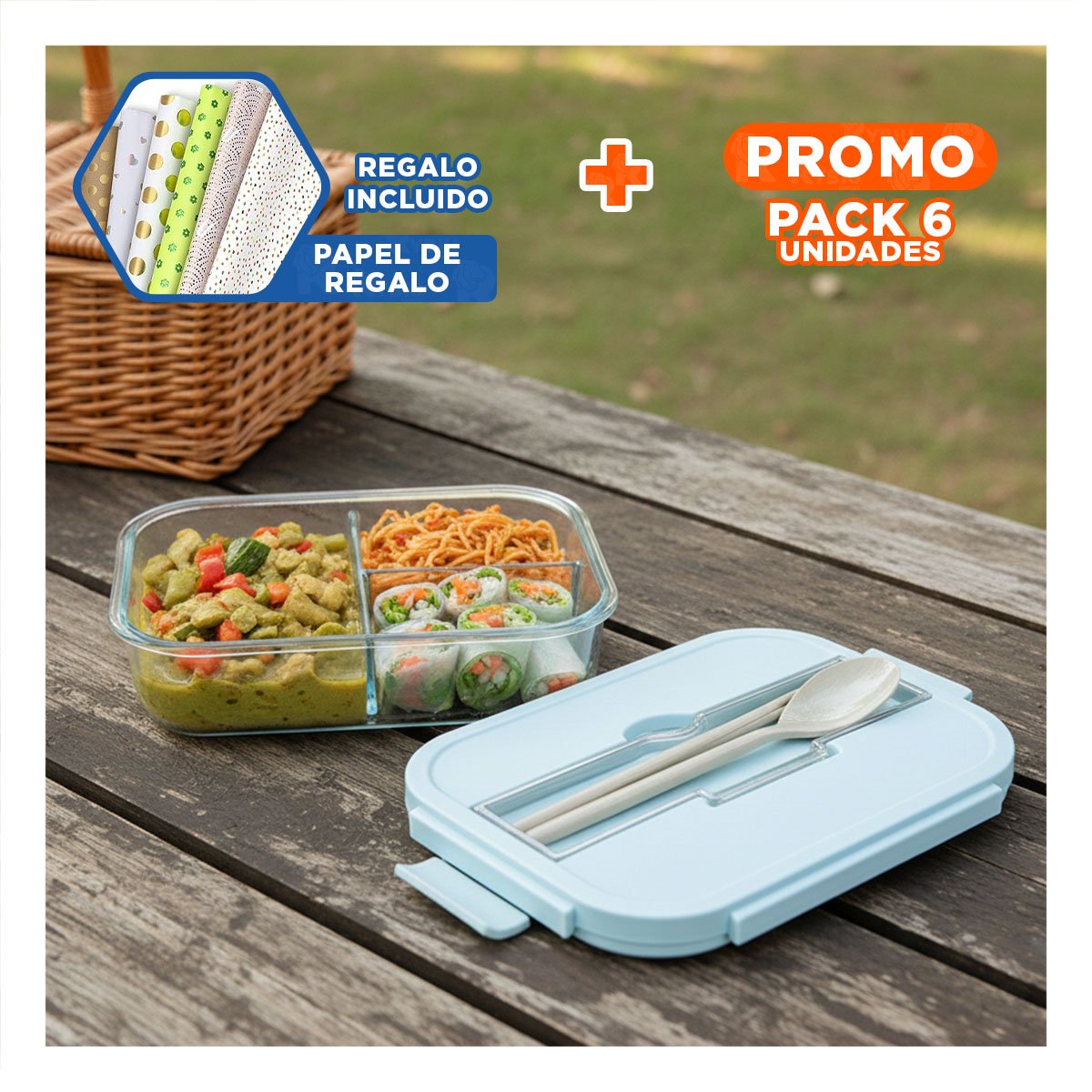PACK6 CAJA DE VIDRIO CON DIVISIONES PARA COMIDAS CASERAS TAPA CELESTE Y+PAPEL REGALO - 1