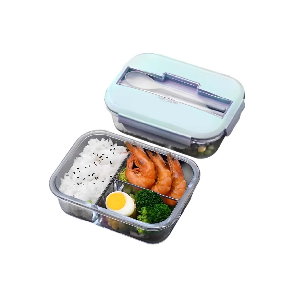 PACK12 CUBETA DE VIDRIO CON CUBIERTOS PARA ALMUERZO Y VERDURAS TAPA CELESTE Y+REGALO STICKER - 2