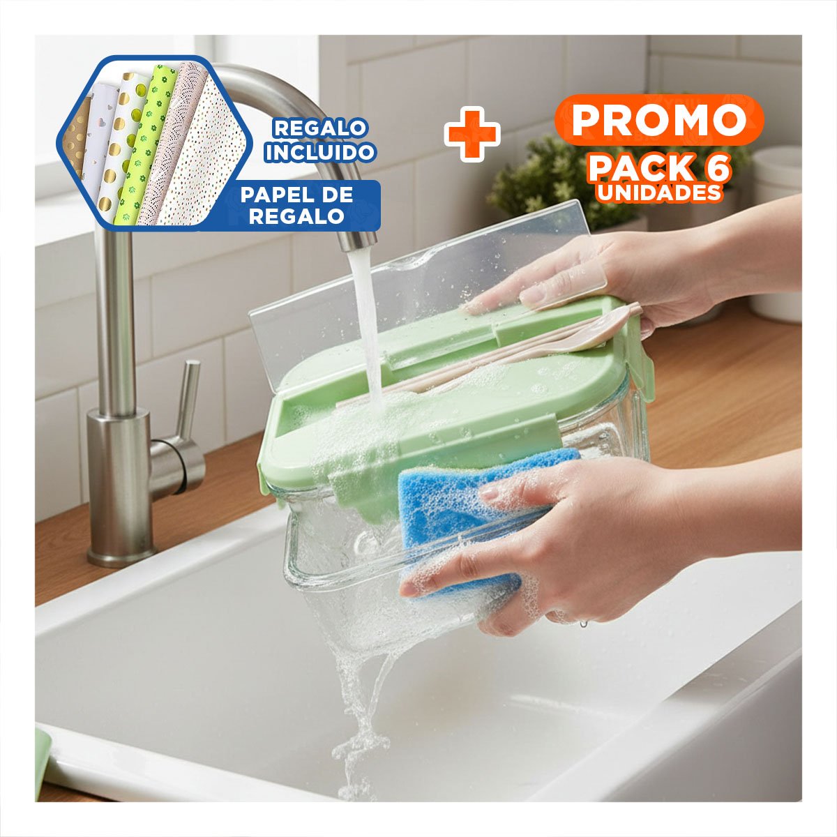 PACK6 UNIDAD DE VIDRIO CON 3 DIVISIONES PARA ENSALADAS Y POSTRES TAPA VERDE Y+PAPEL REGALO - 1
