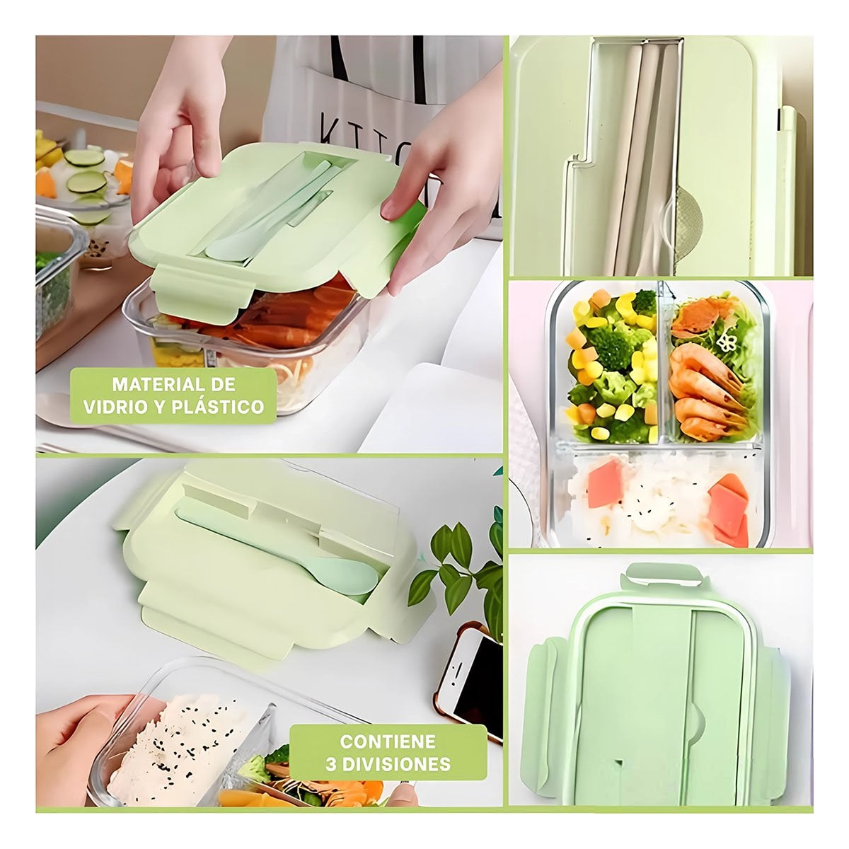 PACK4 ALMACENADOR DE VIDRIO CON DIVISIONES PARA COMIDAS CASERAS TAPA VERDE Y+REGALO STICKER - 2