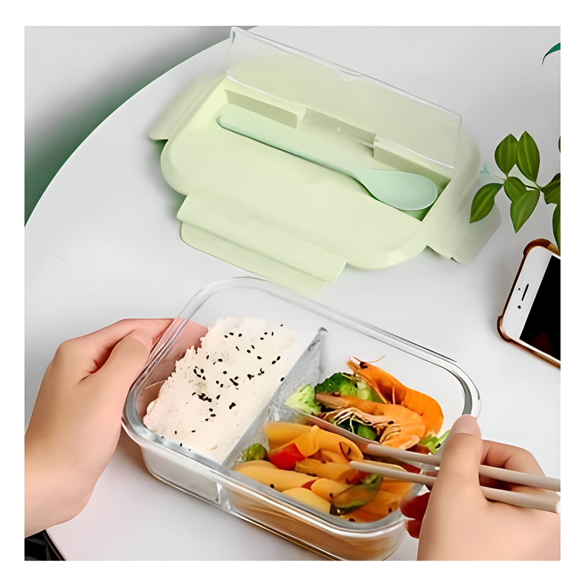 PACK4 ALMACENADOR DE VIDRIO CON DIVISIONES PARA COMIDAS CASERAS TAPA VERDE Y+REGALO STICKER - 3