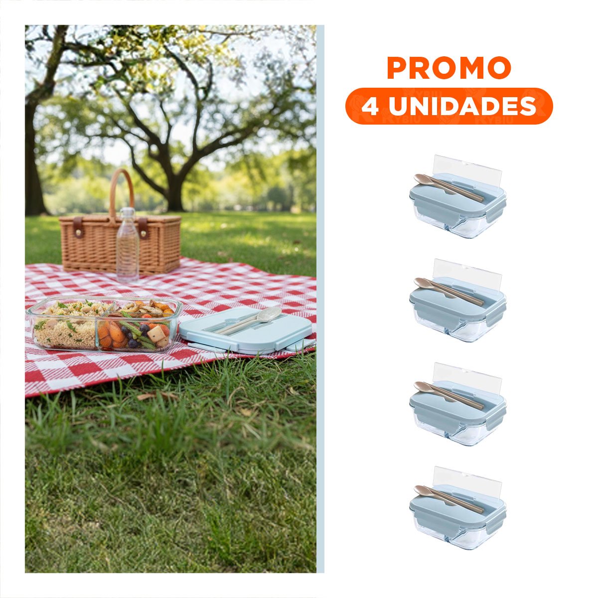 PACK4 CAJA DE VIDRIO CON 3 DIVISIONES PARA LLEVAR PASTA TAPA CELESTE Y+REGALO STICKER - 1