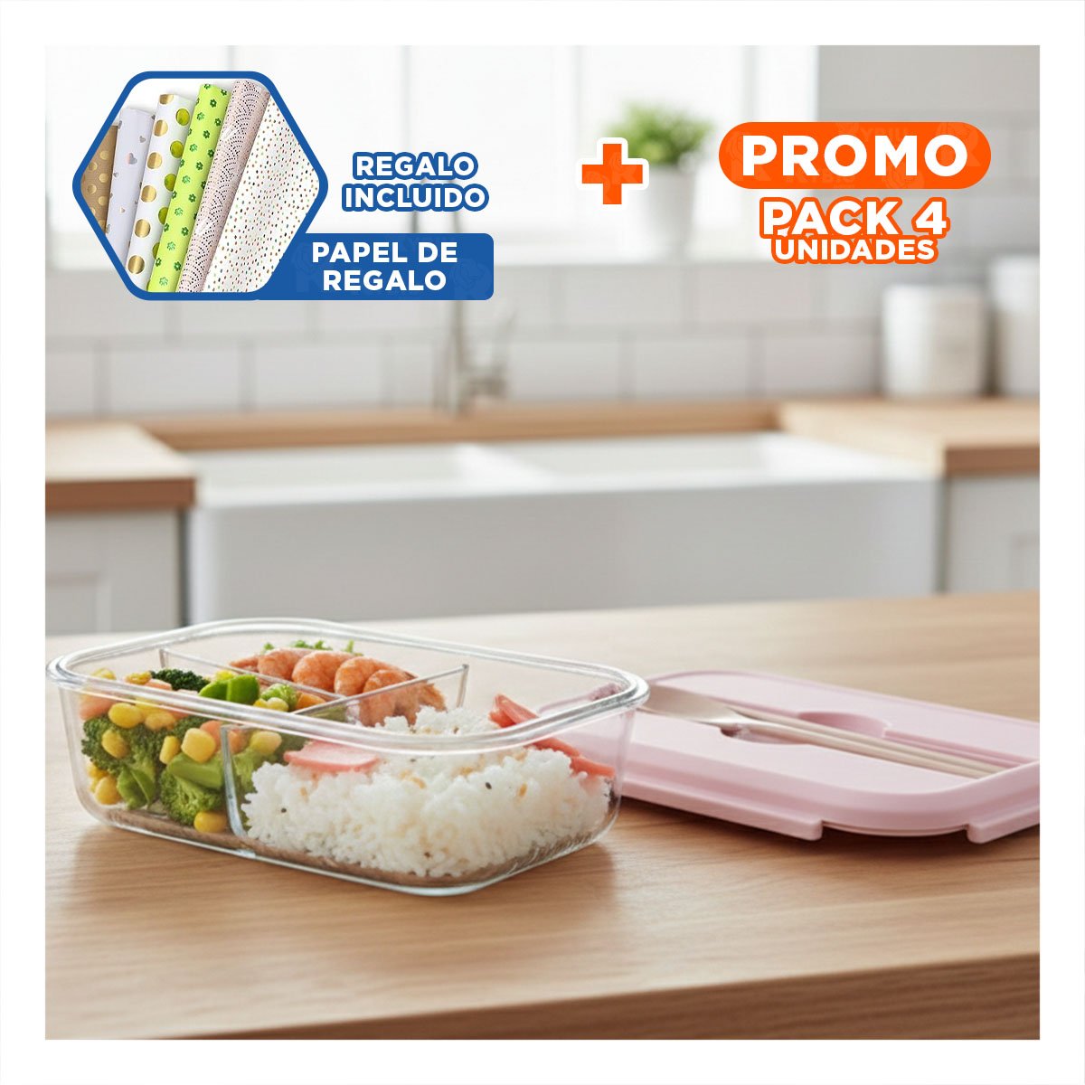 PACK4 ENVASE CON CUBIERTOS 3 DIVISIONES PARA ALMUERZO DIARIO TAPA ROSADO Y+PAPEL REGALO - 1
