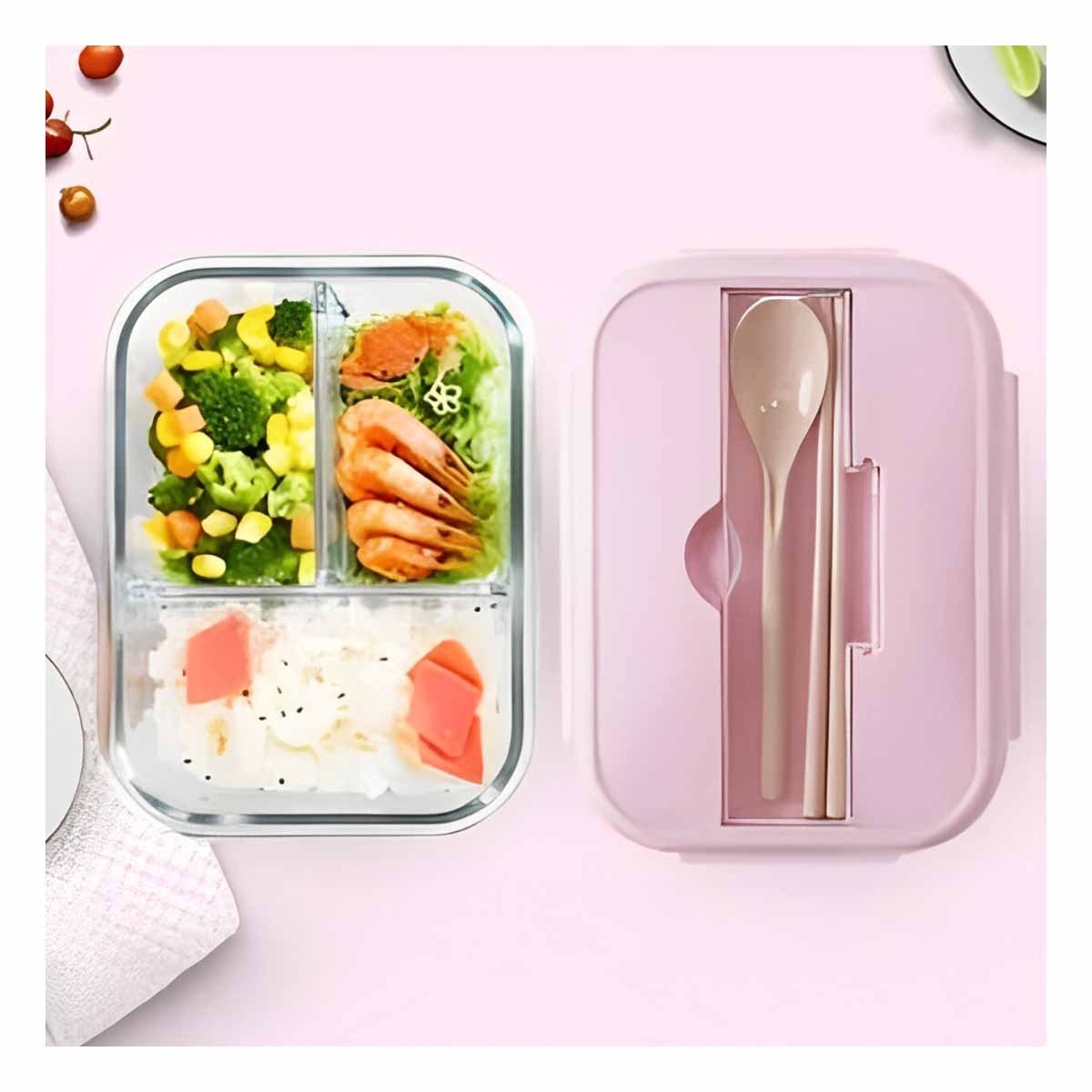 PACK4 ENVASE CON CUBIERTOS 3 DIVISIONES PARA ALMUERZO DIARIO TAPA ROSADO Y+PAPEL REGALO - 5