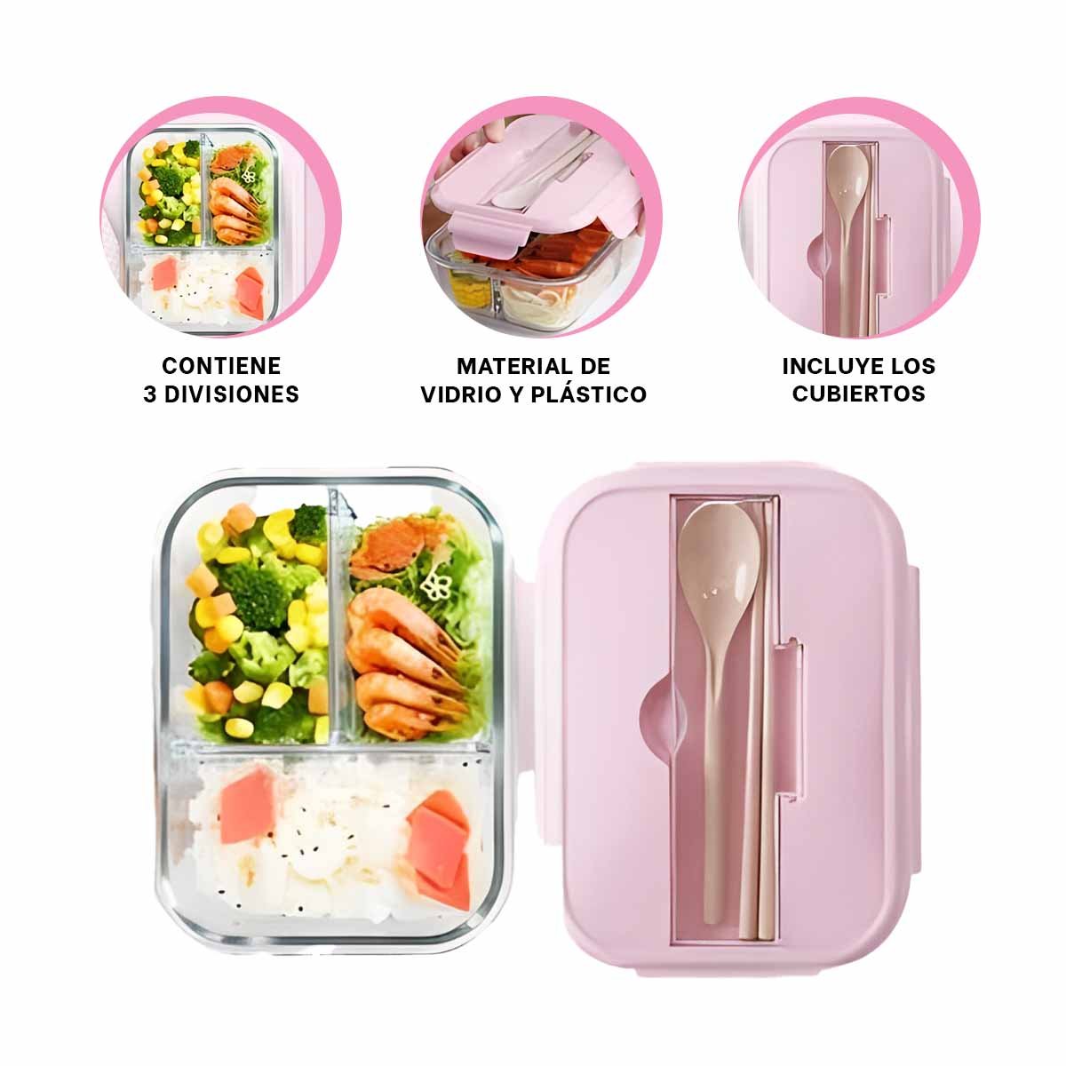 RECIPIENTE CON CUBIERTOS 3 DIVISIONES PARA COMIDA CASERA TAPA ROSADO - 3