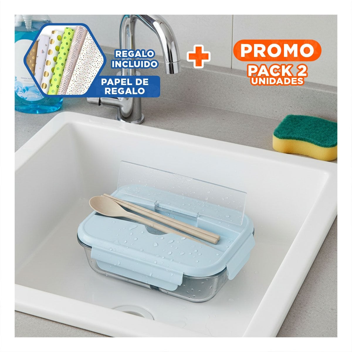 PACK2 CAJA PORTATIL CON SEPARADOR PARA TRANSPORTE DE SNACK CELESTE Y+PAPEL REGALO - 1