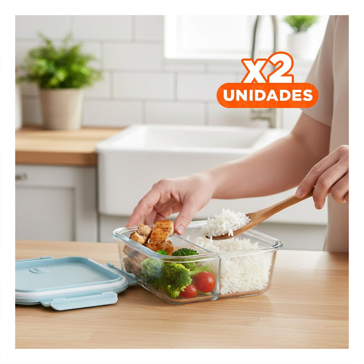 PACK2 CAJA HERMETICA DE VIDRIO CON DIVISIONES PARA ALMUERZO CELESTE Y+REGALO STICKER - 1