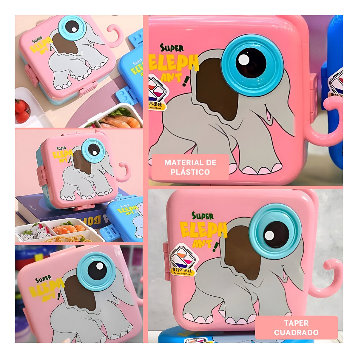 CONTENEDOR CUADRADO ELEFANTE CON COMPARTIMENTOS PARA MENÚ SEMANAL ROSADO 1600ML Y+POST IT - 5
