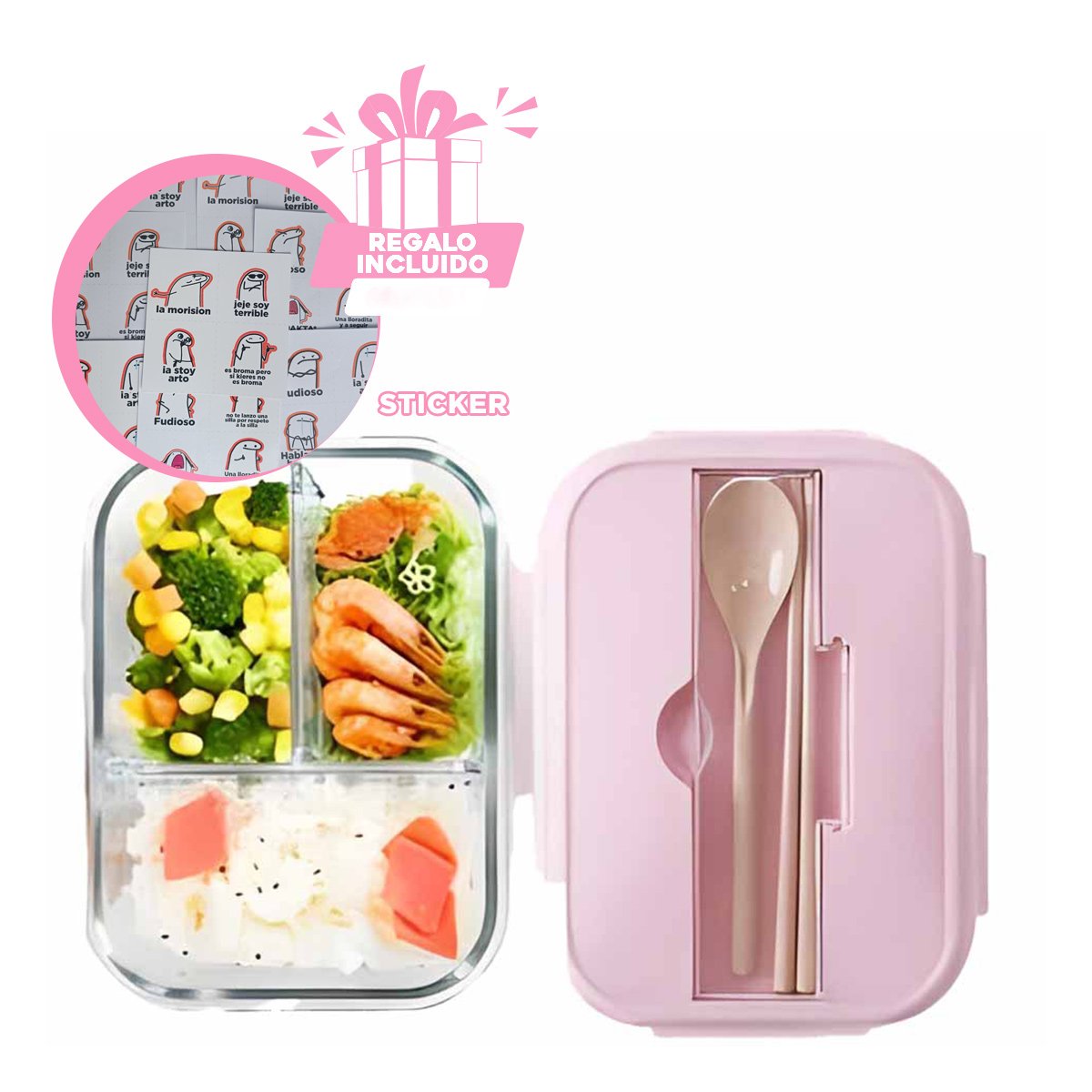 RECIPIENTE CON CUBIERTOS 3 DIVISIONES PARA PREPARACIÓN SEMANAL TAPA ROSADO Y+REGALO STICKER - 1